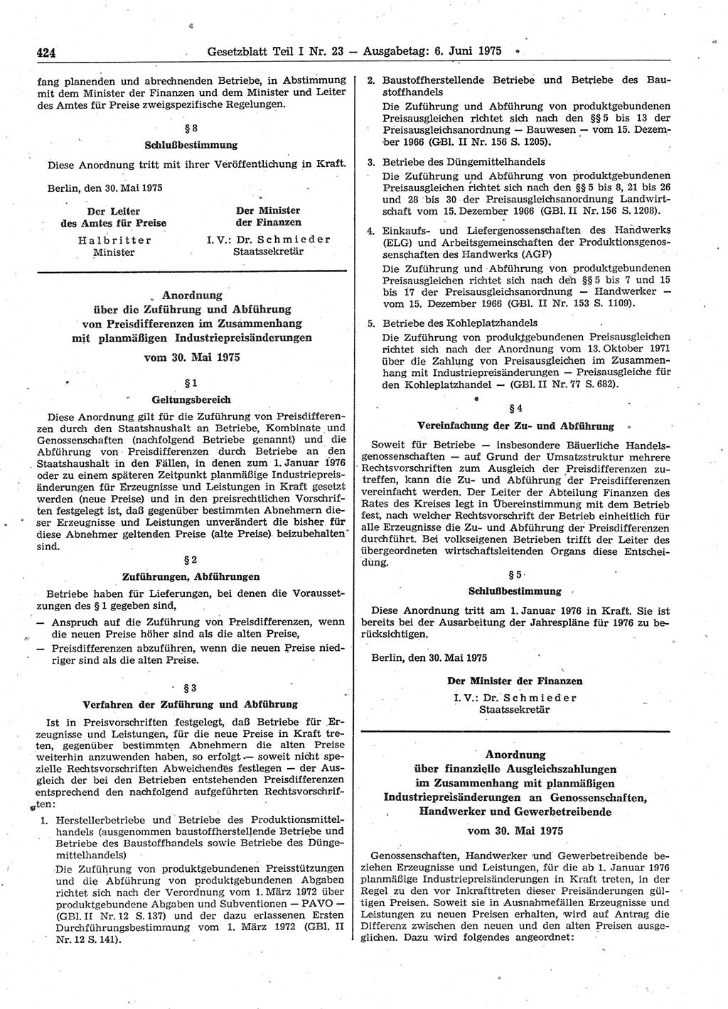 Gesetzblatt (GBl.) der Deutschen Demokratischen Republik (DDR) Teil Ⅰ 1975, Seite 424 (GBl. DDR Ⅰ 1975, S. 424)