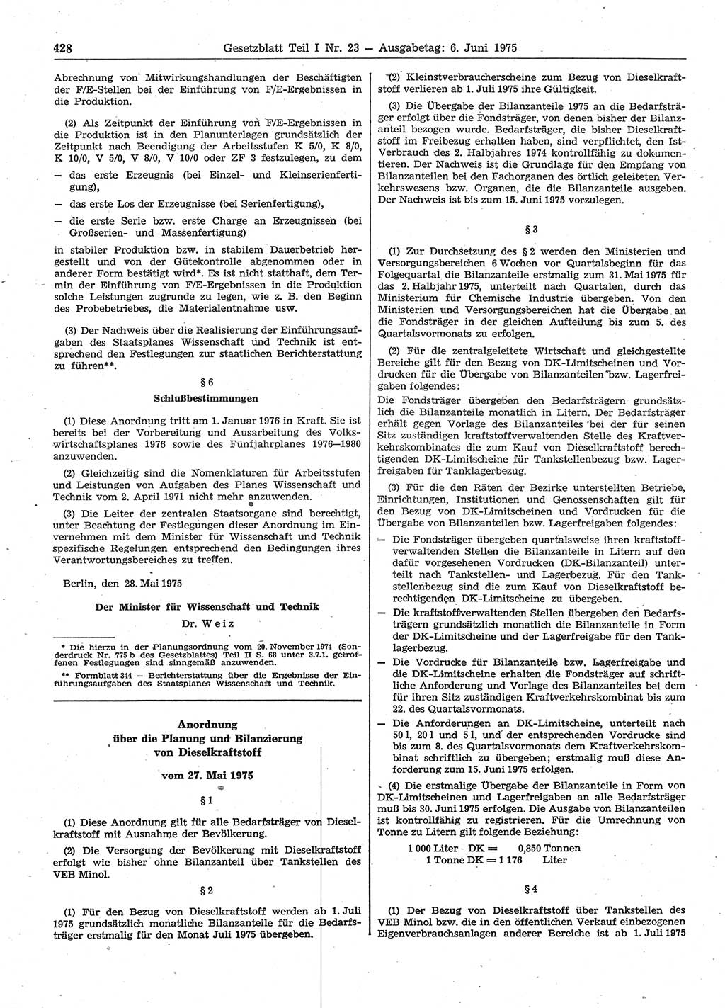 Gesetzblatt (GBl.) der Deutschen Demokratischen Republik (DDR) Teil Ⅰ 1975, Seite 428 (GBl. DDR Ⅰ 1975, S. 428)