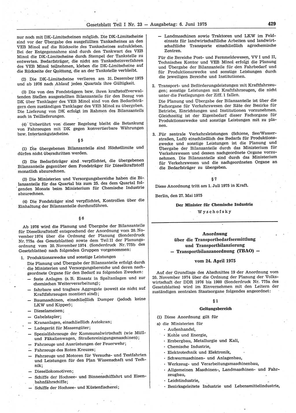 Gesetzblatt (GBl.) der Deutschen Demokratischen Republik (DDR) Teil Ⅰ 1975, Seite 429 (GBl. DDR Ⅰ 1975, S. 429)