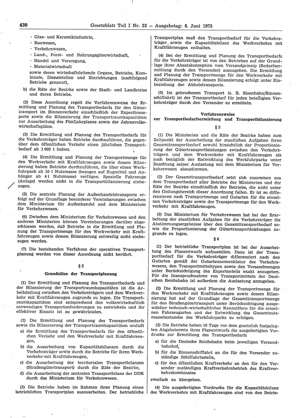 Gesetzblatt (GBl.) der Deutschen Demokratischen Republik (DDR) Teil Ⅰ 1975, Seite 430 (GBl. DDR Ⅰ 1975, S. 430)