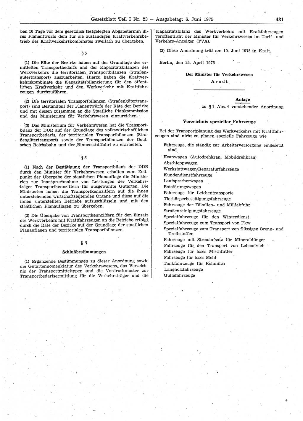 Gesetzblatt (GBl.) der Deutschen Demokratischen Republik (DDR) Teil Ⅰ 1975, Seite 431 (GBl. DDR Ⅰ 1975, S. 431)