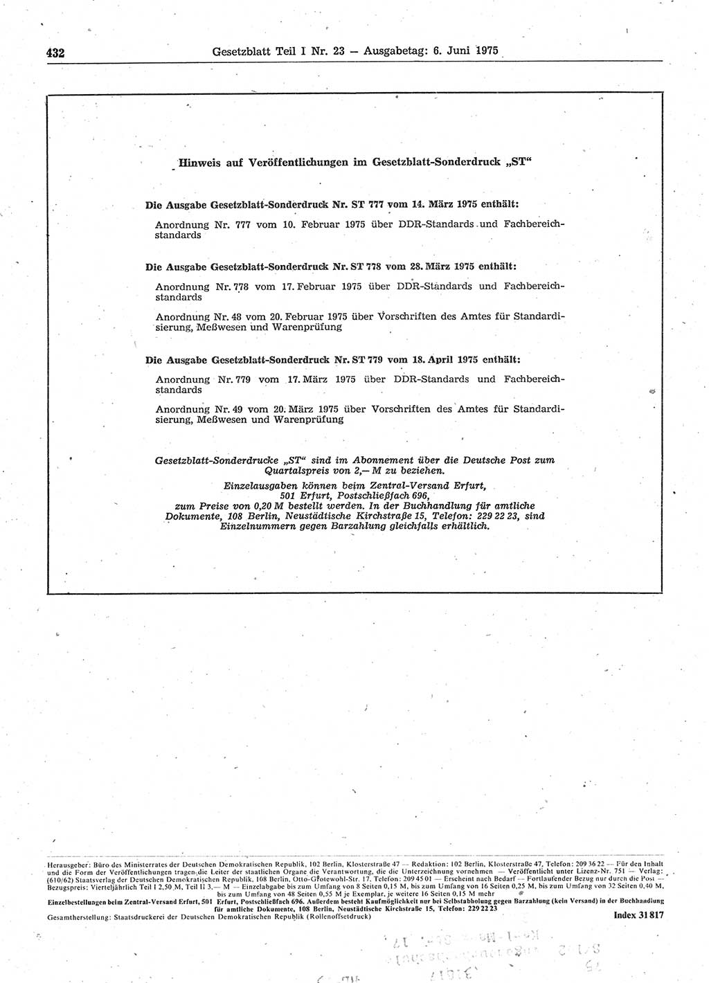 Gesetzblatt (GBl.) der Deutschen Demokratischen Republik (DDR) Teil Ⅰ 1975, Seite 432 (GBl. DDR Ⅰ 1975, S. 432)