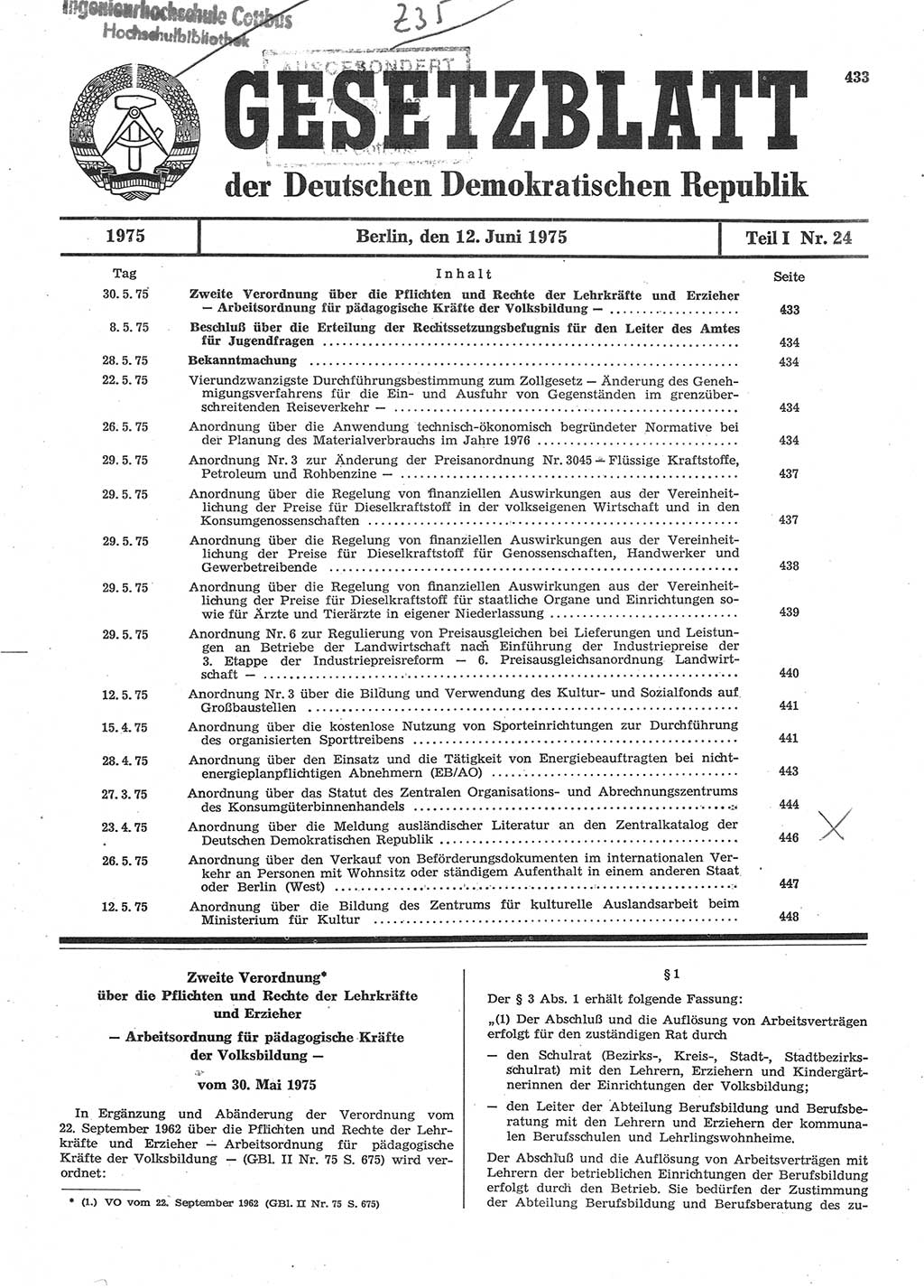 Gesetzblatt (GBl.) der Deutschen Demokratischen Republik (DDR) Teil Ⅰ 1975, Seite 433 (GBl. DDR Ⅰ 1975, S. 433)