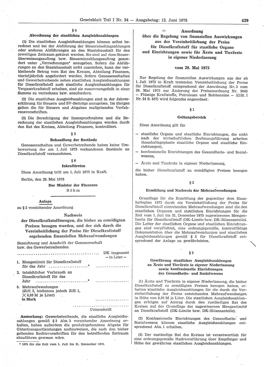 Gesetzblatt (GBl.) der Deutschen Demokratischen Republik (DDR) Teil Ⅰ 1975, Seite 439 (GBl. DDR Ⅰ 1975, S. 439)