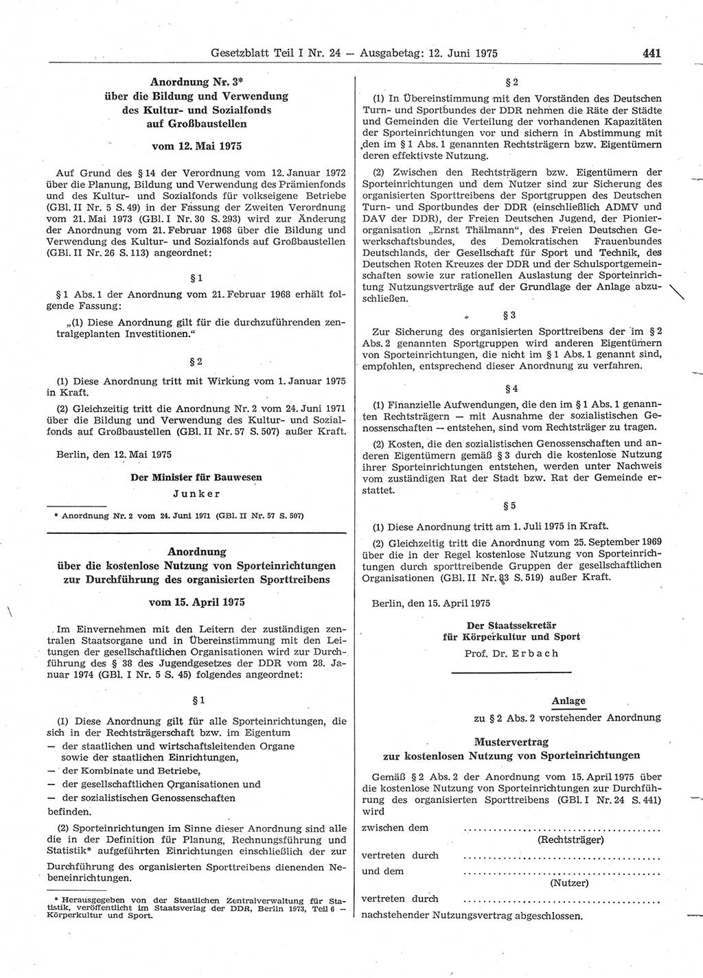 Gesetzblatt (GBl.) der Deutschen Demokratischen Republik (DDR) Teil Ⅰ 1975, Seite 441 (GBl. DDR Ⅰ 1975, S. 441)