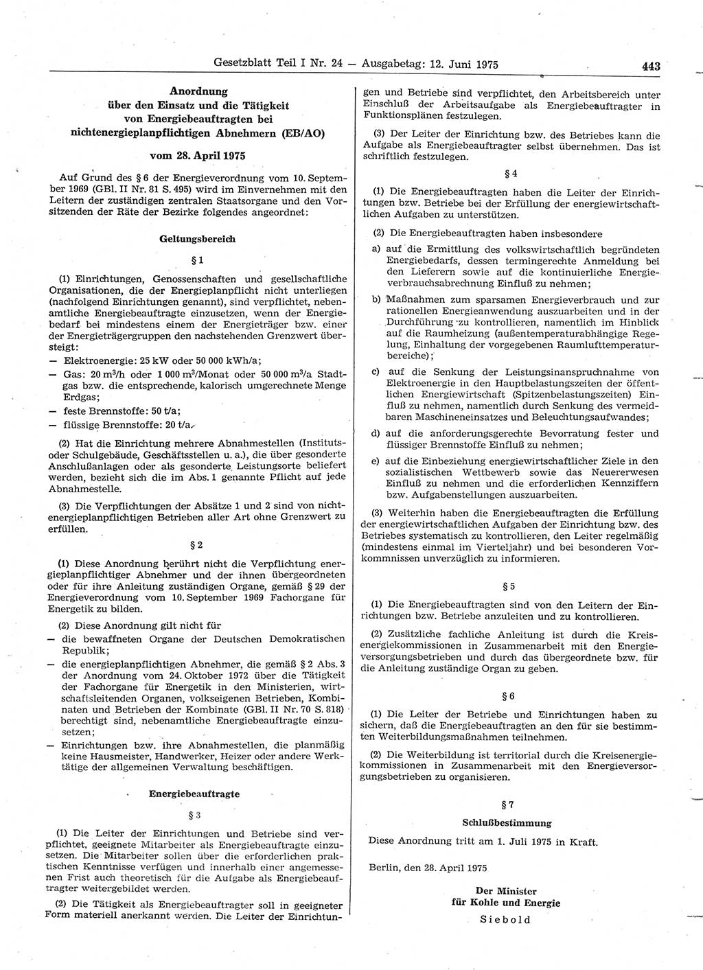 Gesetzblatt (GBl.) der Deutschen Demokratischen Republik (DDR) Teil Ⅰ 1975, Seite 443 (GBl. DDR Ⅰ 1975, S. 443)