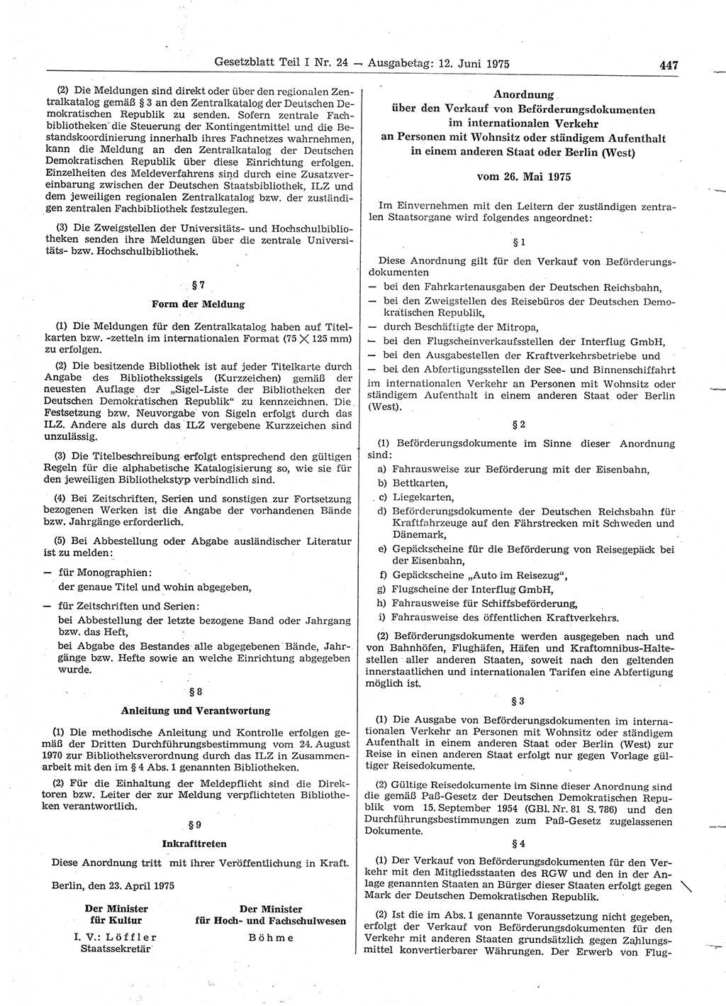 Gesetzblatt (GBl.) der Deutschen Demokratischen Republik (DDR) Teil Ⅰ 1975, Seite 447 (GBl. DDR Ⅰ 1975, S. 447)