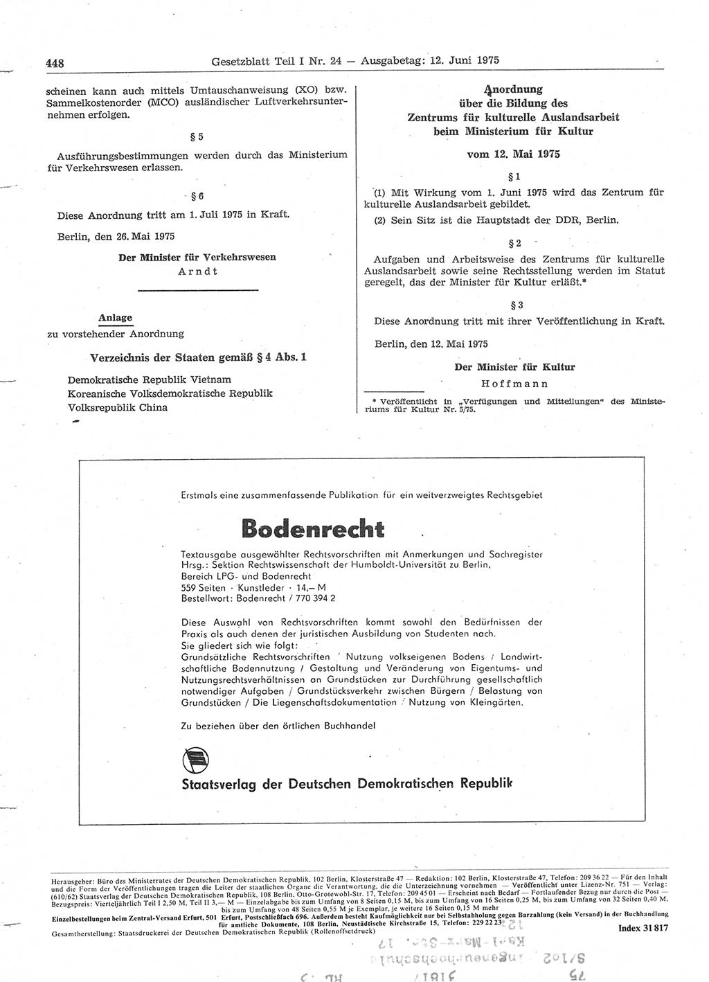 Gesetzblatt (GBl.) der Deutschen Demokratischen Republik (DDR) Teil Ⅰ 1975, Seite 448 (GBl. DDR Ⅰ 1975, S. 448)