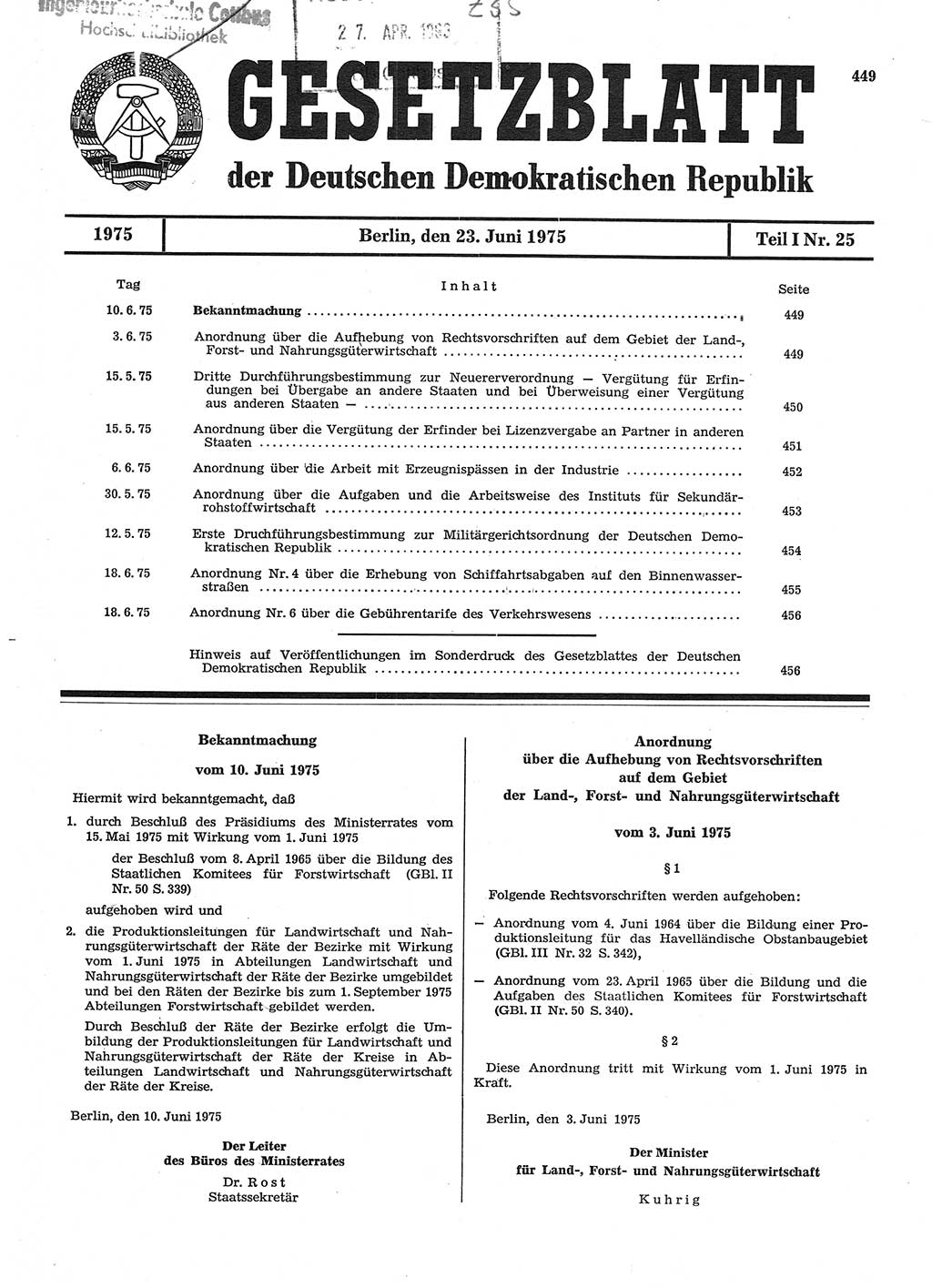 Gesetzblatt (GBl.) der Deutschen Demokratischen Republik (DDR) Teil Ⅰ 1975, Seite 449 (GBl. DDR Ⅰ 1975, S. 449)