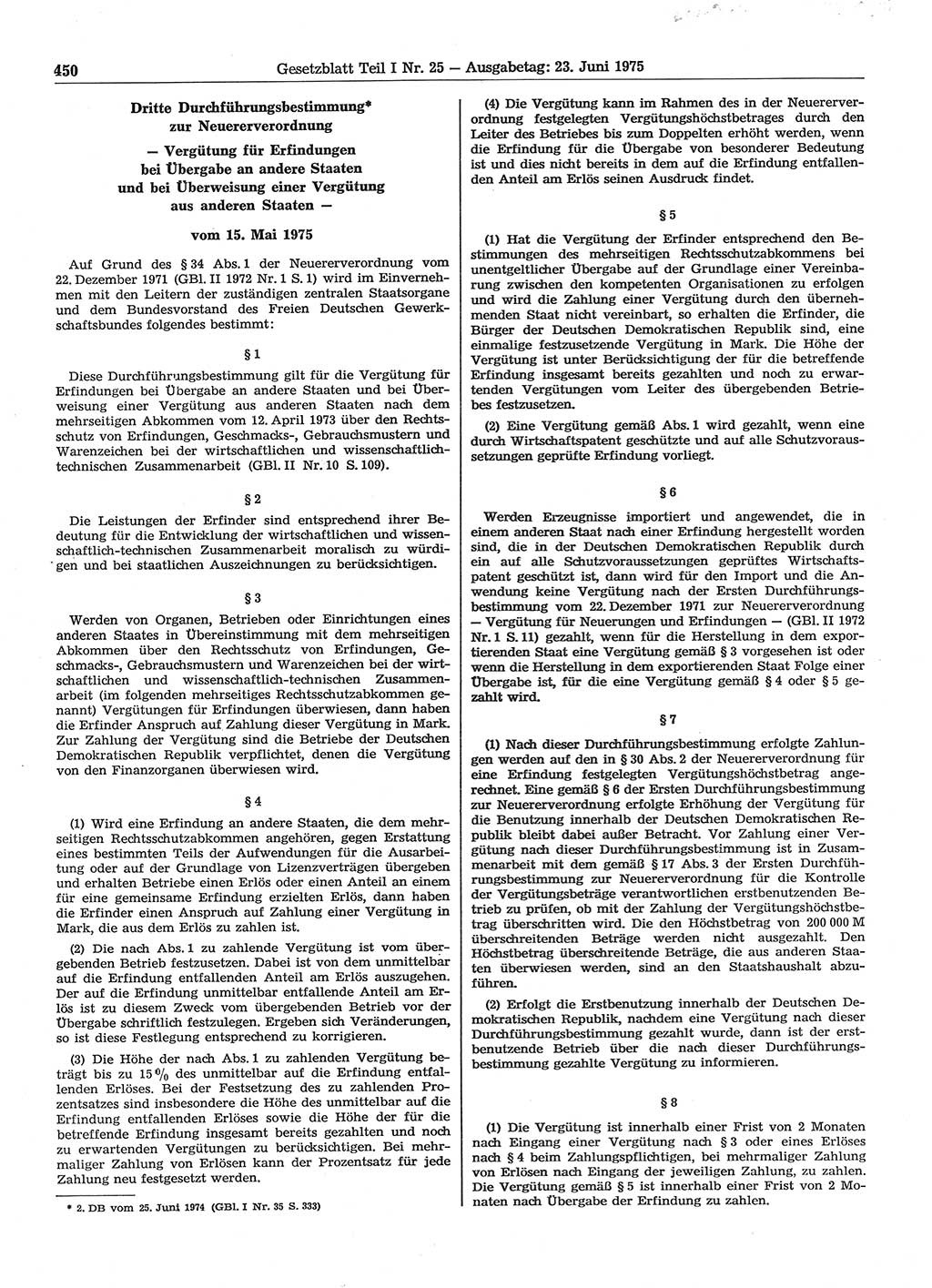 Gesetzblatt (GBl.) der Deutschen Demokratischen Republik (DDR) Teil Ⅰ 1975, Seite 450 (GBl. DDR Ⅰ 1975, S. 450)