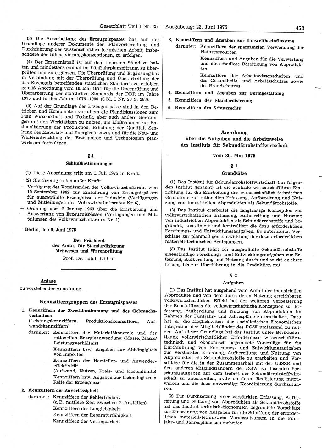 Gesetzblatt (GBl.) der Deutschen Demokratischen Republik (DDR) Teil Ⅰ 1975, Seite 453 (GBl. DDR Ⅰ 1975, S. 453)