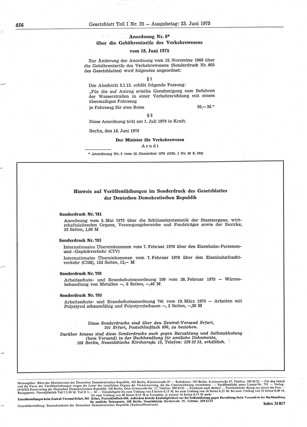 Gesetzblatt (GBl.) der Deutschen Demokratischen Republik (DDR) Teil Ⅰ 1975, Seite 456 (GBl. DDR Ⅰ 1975, S. 456)