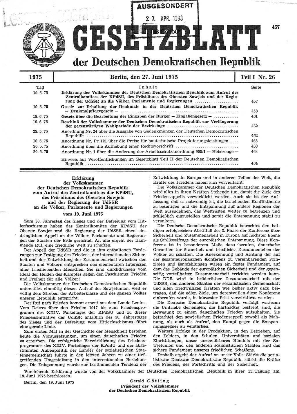 Gesetzblatt (GBl.) der Deutschen Demokratischen Republik (DDR) Teil Ⅰ 1975, Seite 457 (GBl. DDR Ⅰ 1975, S. 457)