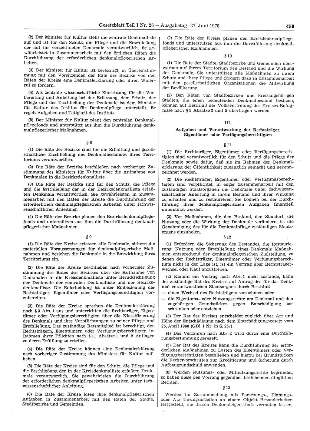Gesetzblatt (GBl.) der Deutschen Demokratischen Republik (DDR) Teil Ⅰ 1975, Seite 459 (GBl. DDR Ⅰ 1975, S. 459)