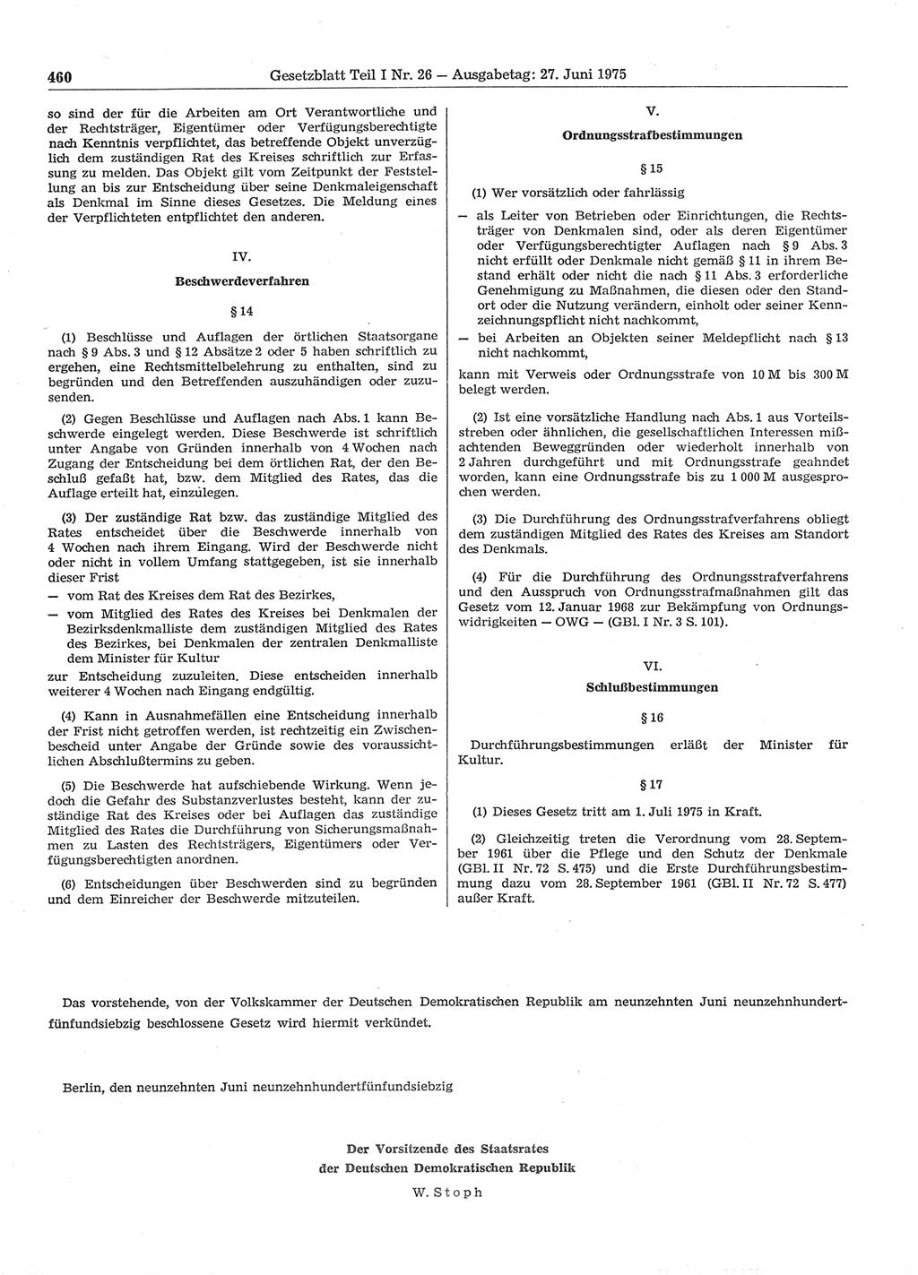 Gesetzblatt (GBl.) der Deutschen Demokratischen Republik (DDR) Teil Ⅰ 1975, Seite 460 (GBl. DDR Ⅰ 1975, S. 460)