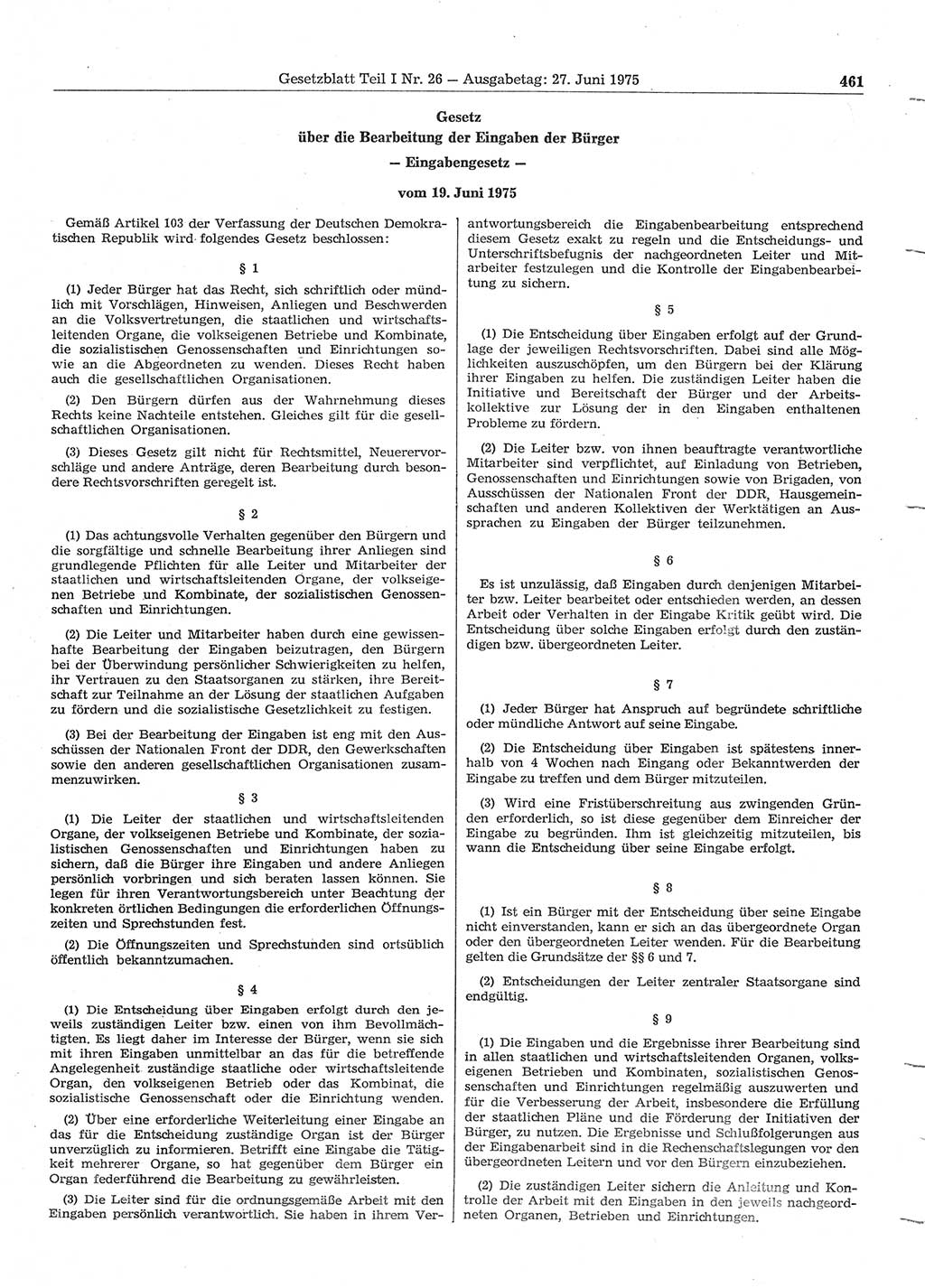 Gesetzblatt (GBl.) der Deutschen Demokratischen Republik (DDR) Teil Ⅰ 1975, Seite 461 (GBl. DDR Ⅰ 1975, S. 461)