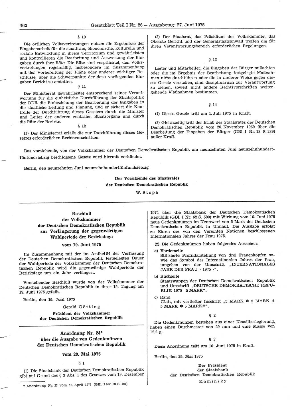 Gesetzblatt (GBl.) der Deutschen Demokratischen Republik (DDR) Teil Ⅰ 1975, Seite 462 (GBl. DDR Ⅰ 1975, S. 462)