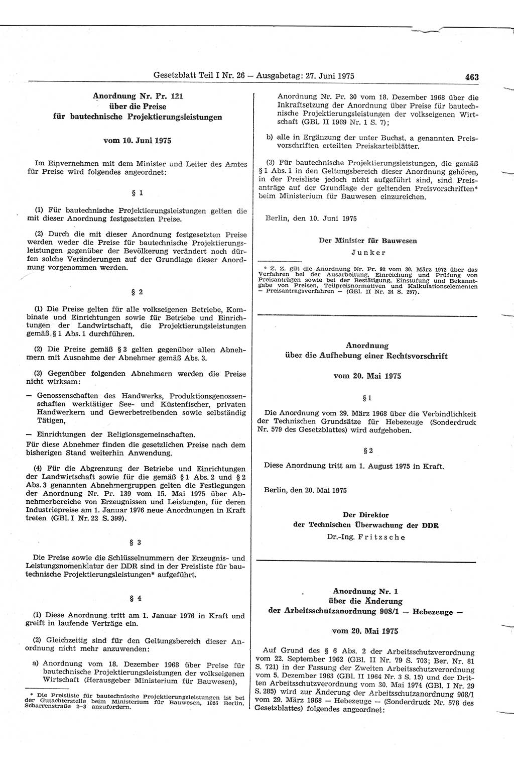 Gesetzblatt (GBl.) der Deutschen Demokratischen Republik (DDR) Teil Ⅰ 1975, Seite 463 (GBl. DDR Ⅰ 1975, S. 463)