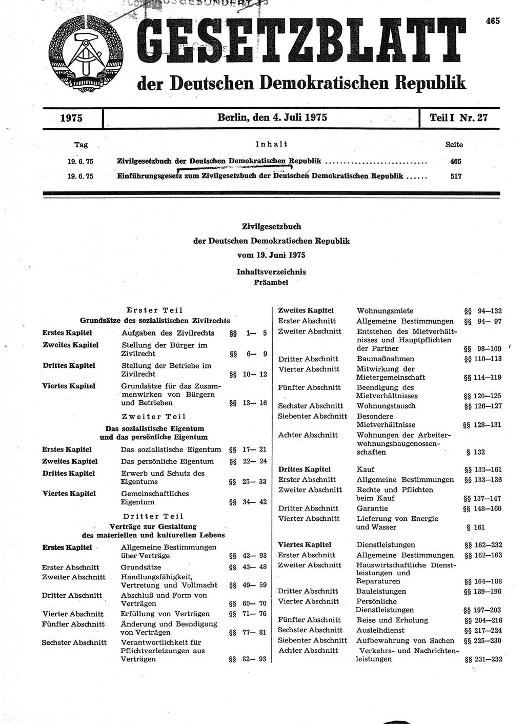 Gesetzblatt (GBl.) der Deutschen Demokratischen Republik (DDR) Teil Ⅰ 1975, Seite 465 (GBl. DDR Ⅰ 1975, S. 465)