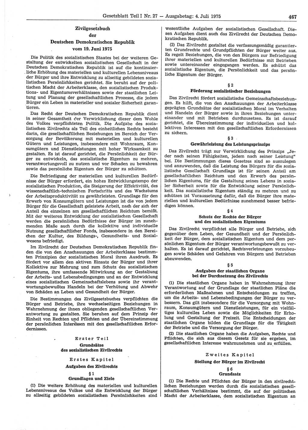 Gesetzblatt (GBl.) der Deutschen Demokratischen Republik (DDR) Teil Ⅰ 1975, Seite 467 (GBl. DDR Ⅰ 1975, S. 467)