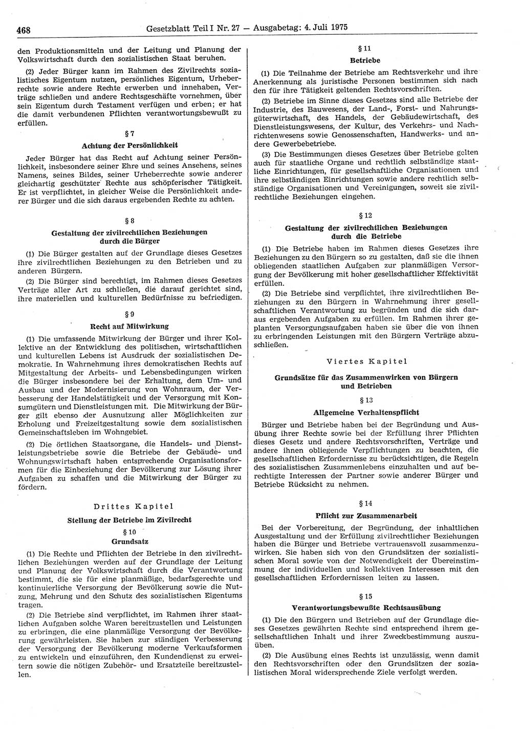 Gesetzblatt (GBl.) der Deutschen Demokratischen Republik (DDR) Teil Ⅰ 1975, Seite 468 (GBl. DDR Ⅰ 1975, S. 468)