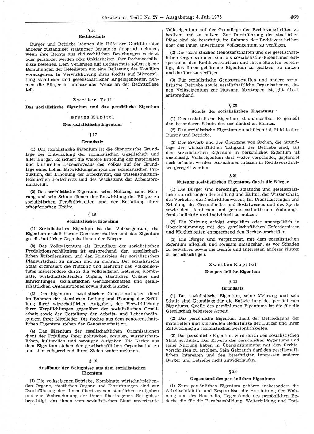 Gesetzblatt (GBl.) der Deutschen Demokratischen Republik (DDR) Teil Ⅰ 1975, Seite 469 (GBl. DDR Ⅰ 1975, S. 469)