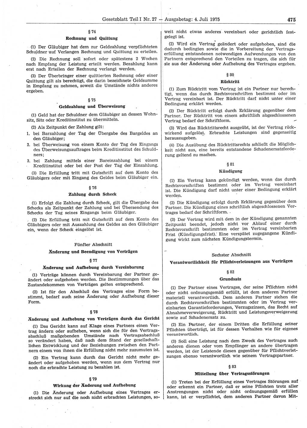 Gesetzblatt (GBl.) der Deutschen Demokratischen Republik (DDR) Teil Ⅰ 1975, Seite 475 (GBl. DDR Ⅰ 1975, S. 475)