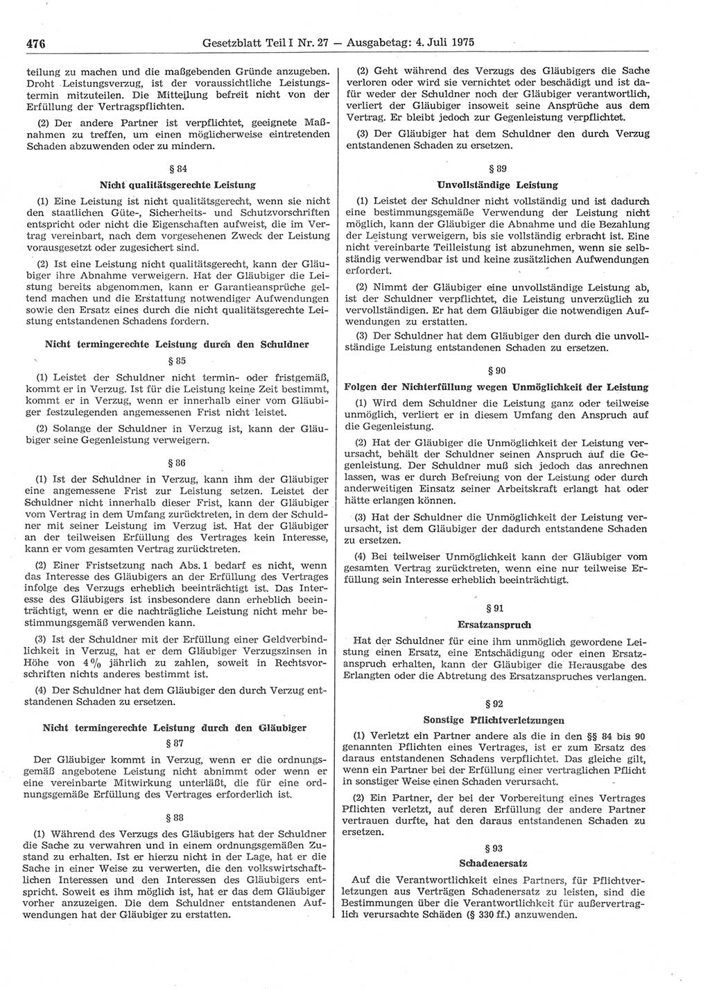 Gesetzblatt (GBl.) der Deutschen Demokratischen Republik (DDR) Teil Ⅰ 1975, Seite 476 (GBl. DDR Ⅰ 1975, S. 476)