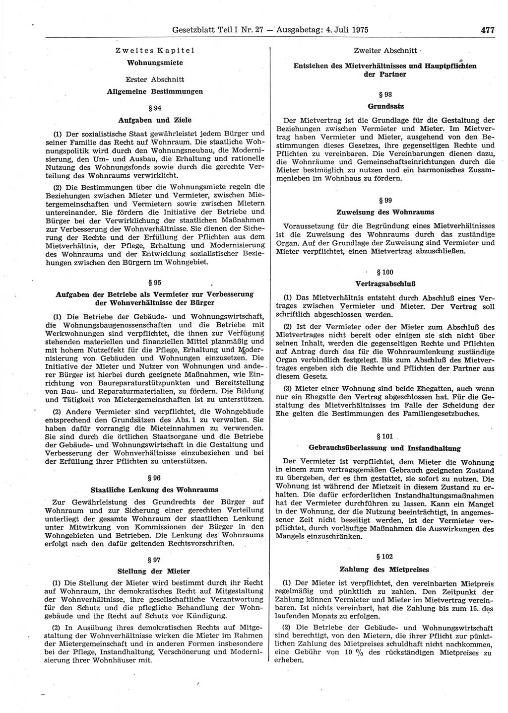 Gesetzblatt (GBl.) der Deutschen Demokratischen Republik (DDR) Teil Ⅰ 1975, Seite 477 (GBl. DDR Ⅰ 1975, S. 477)