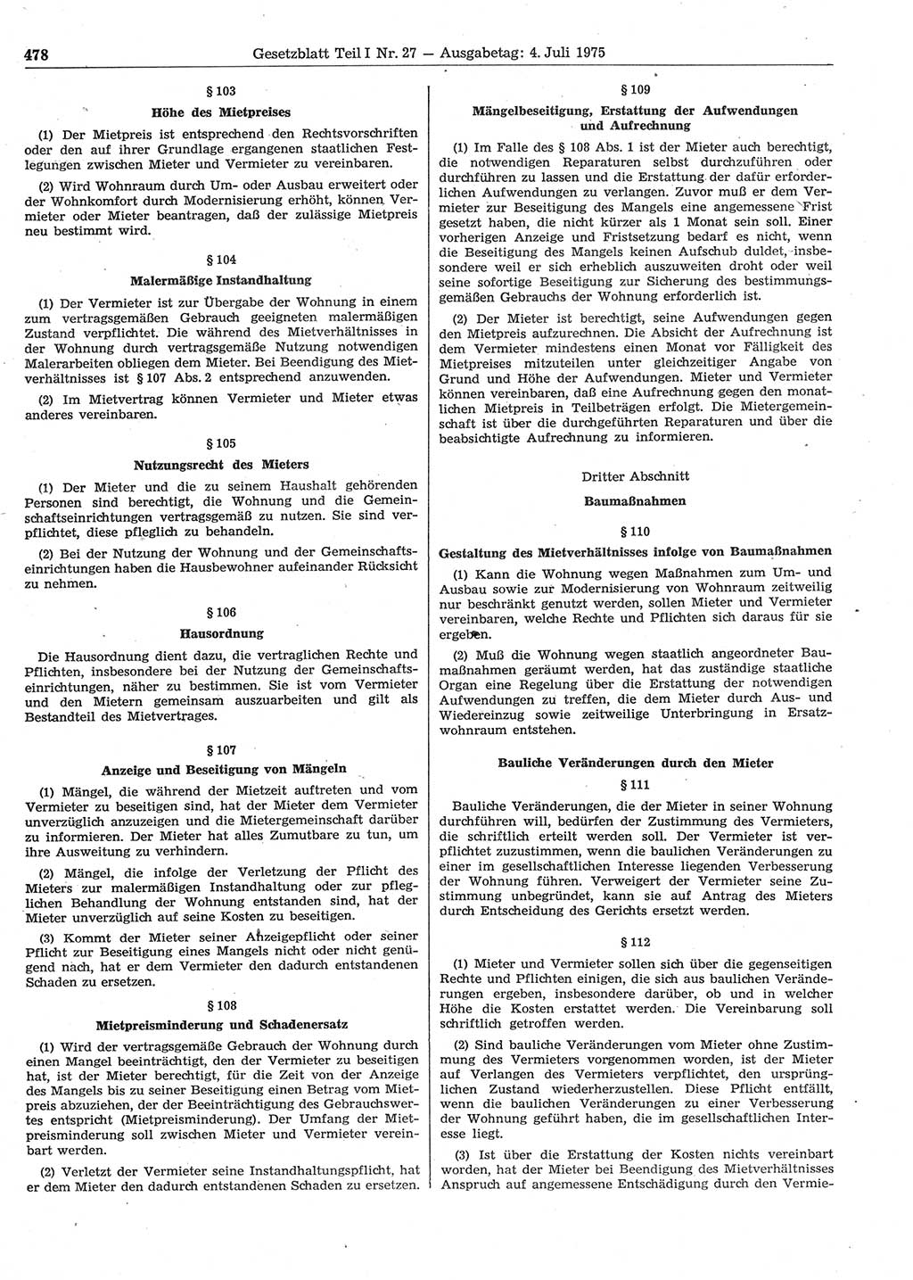 Gesetzblatt (GBl.) der Deutschen Demokratischen Republik (DDR) Teil Ⅰ 1975, Seite 478 (GBl. DDR Ⅰ 1975, S. 478)