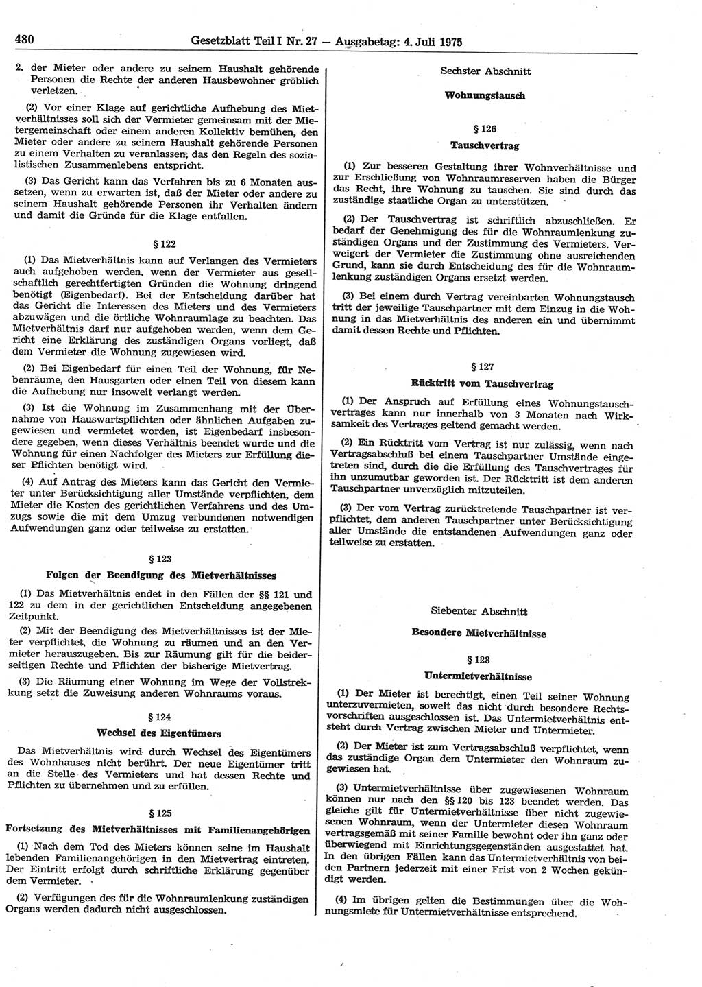 Gesetzblatt (GBl.) der Deutschen Demokratischen Republik (DDR) Teil Ⅰ 1975, Seite 480 (GBl. DDR Ⅰ 1975, S. 480)