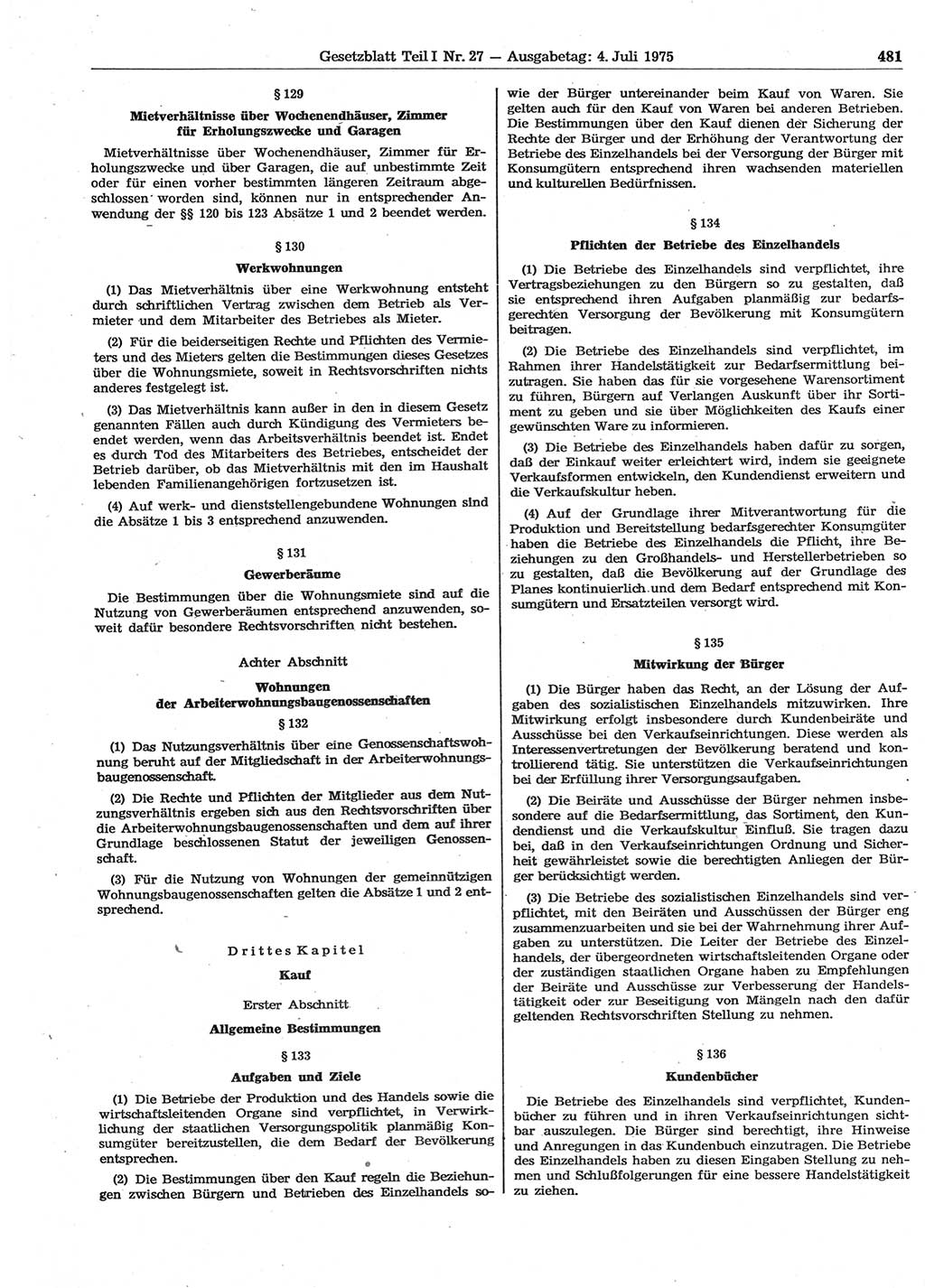 Gesetzblatt (GBl.) der Deutschen Demokratischen Republik (DDR) Teil Ⅰ 1975, Seite 481 (GBl. DDR Ⅰ 1975, S. 481)