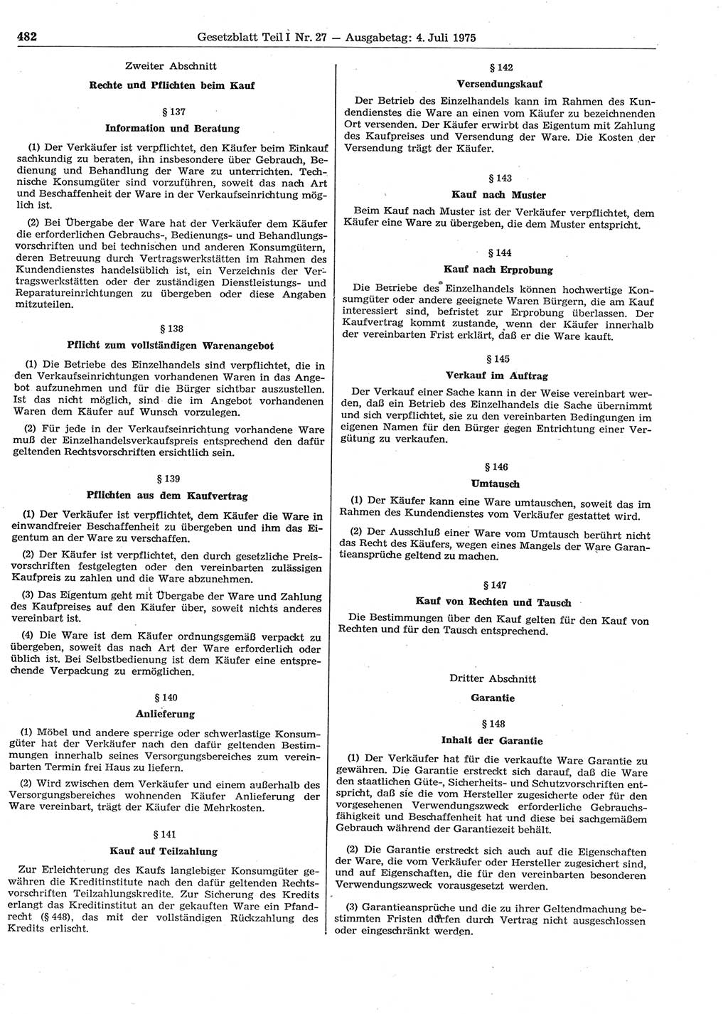 Gesetzblatt (GBl.) der Deutschen Demokratischen Republik (DDR) Teil Ⅰ 1975, Seite 482 (GBl. DDR Ⅰ 1975, S. 482)