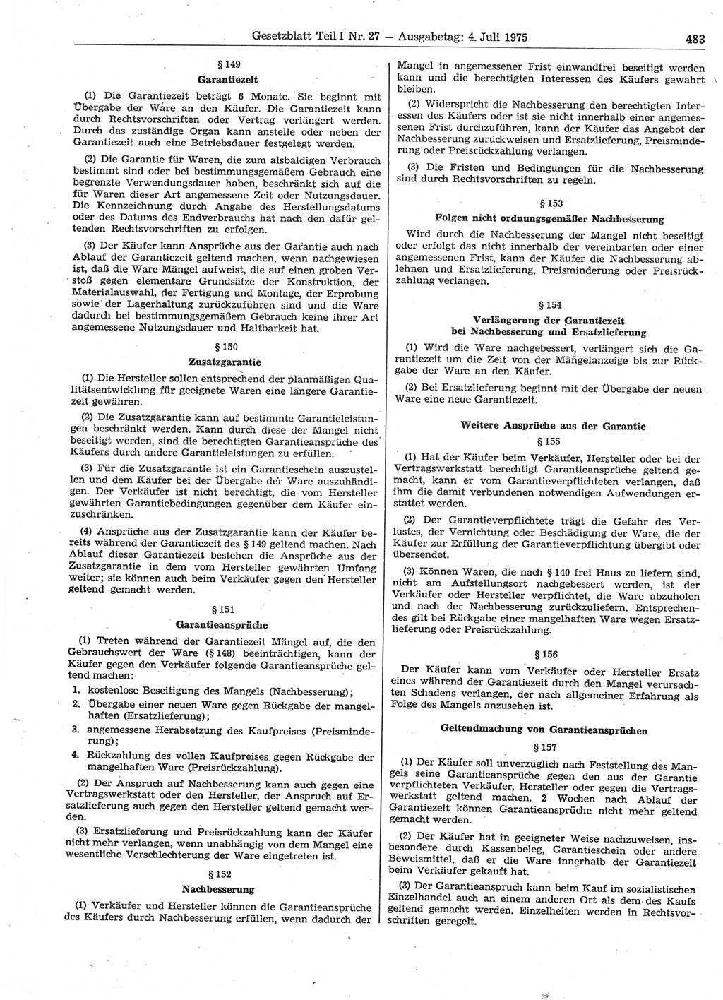 Gesetzblatt (GBl.) der Deutschen Demokratischen Republik (DDR) Teil Ⅰ 1975, Seite 483 (GBl. DDR Ⅰ 1975, S. 483)