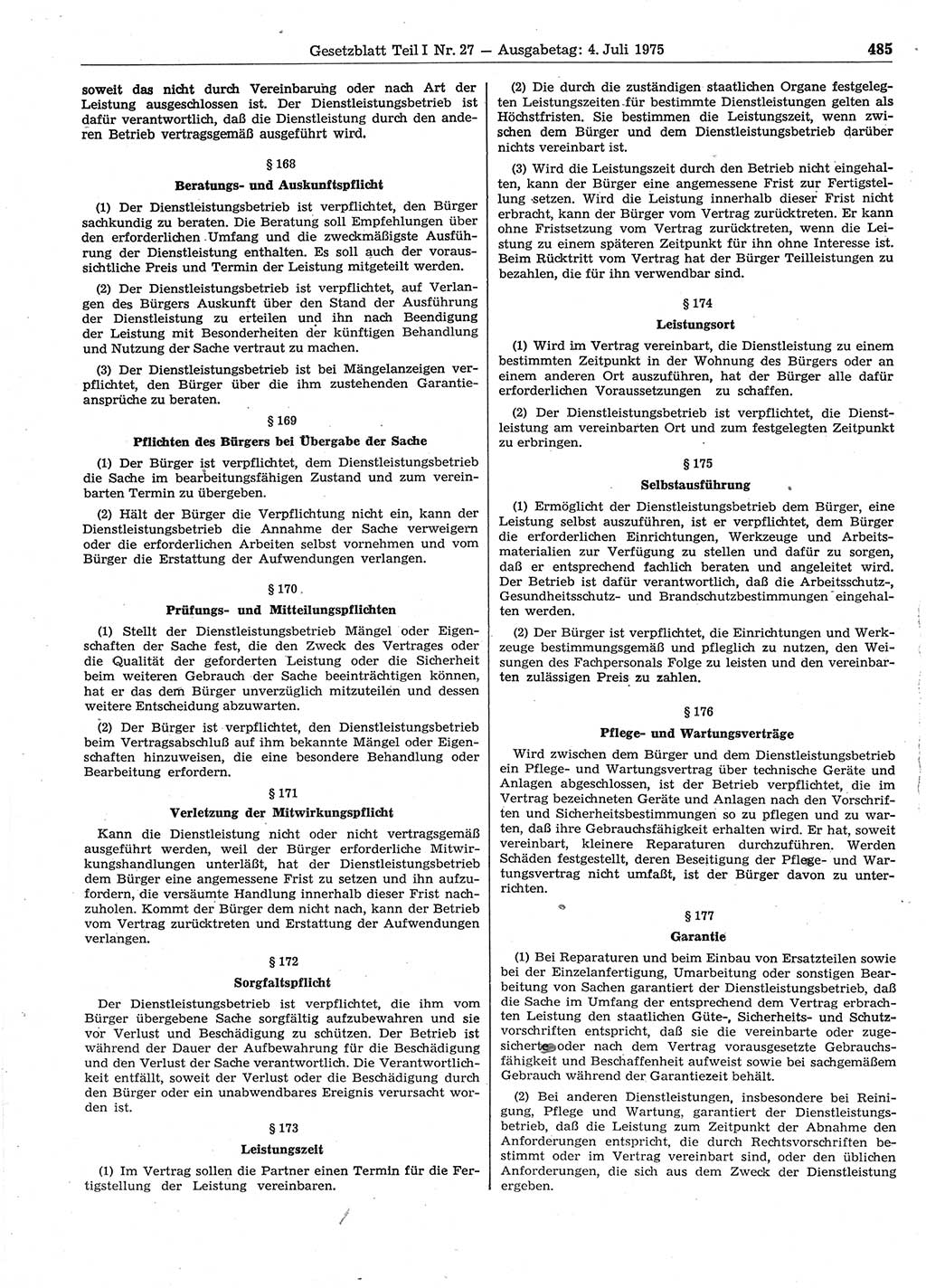 Gesetzblatt (GBl.) der Deutschen Demokratischen Republik (DDR) Teil Ⅰ 1975, Seite 485 (GBl. DDR Ⅰ 1975, S. 485)