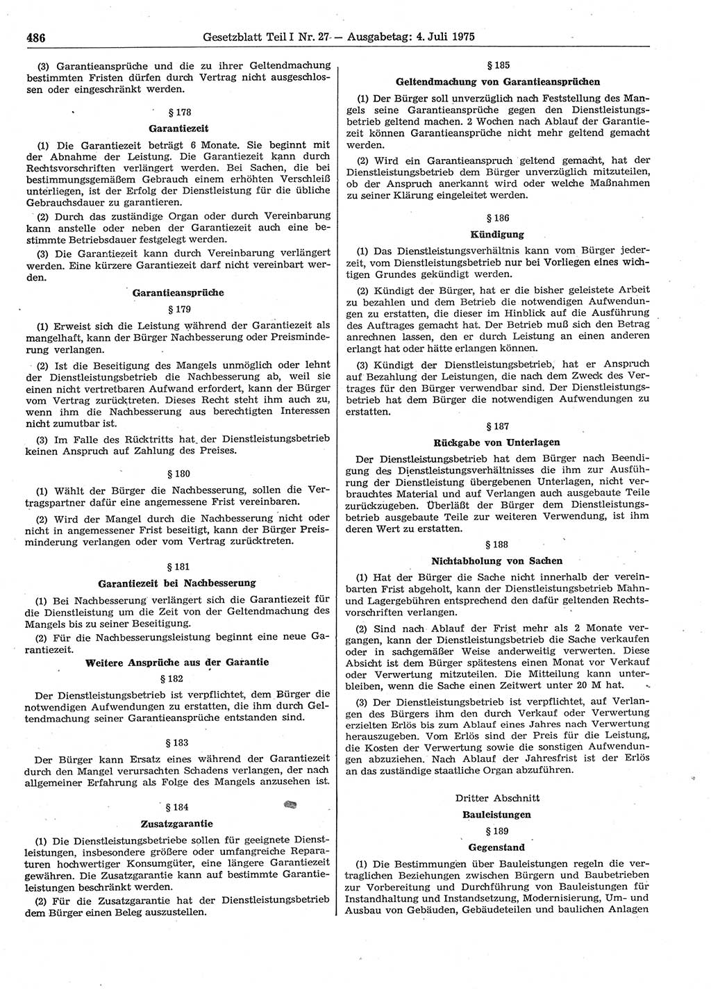 Gesetzblatt (GBl.) der Deutschen Demokratischen Republik (DDR) Teil Ⅰ 1975, Seite 486 (GBl. DDR Ⅰ 1975, S. 486)