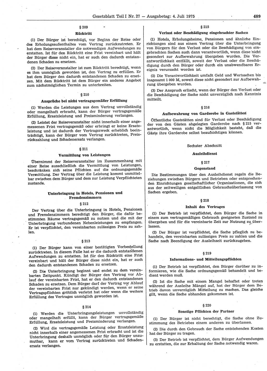 Gesetzblatt (GBl.) der Deutschen Demokratischen Republik (DDR) Teil Ⅰ 1975, Seite 489 (GBl. DDR Ⅰ 1975, S. 489)