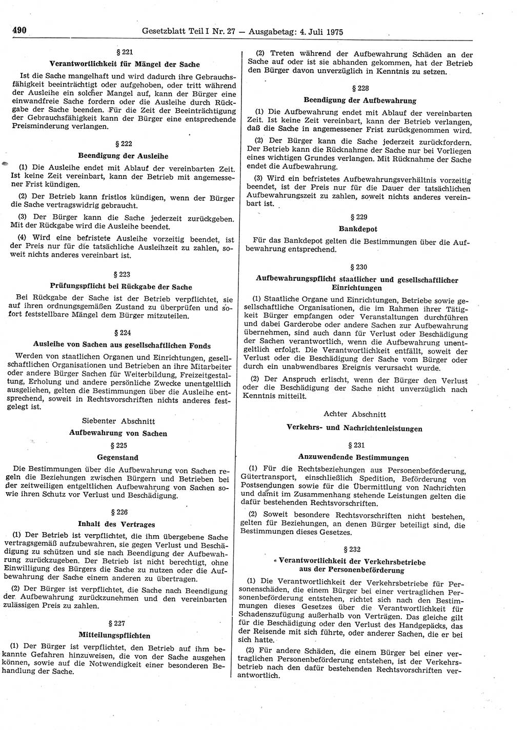 Gesetzblatt (GBl.) der Deutschen Demokratischen Republik (DDR) Teil Ⅰ 1975, Seite 490 (GBl. DDR Ⅰ 1975, S. 490)