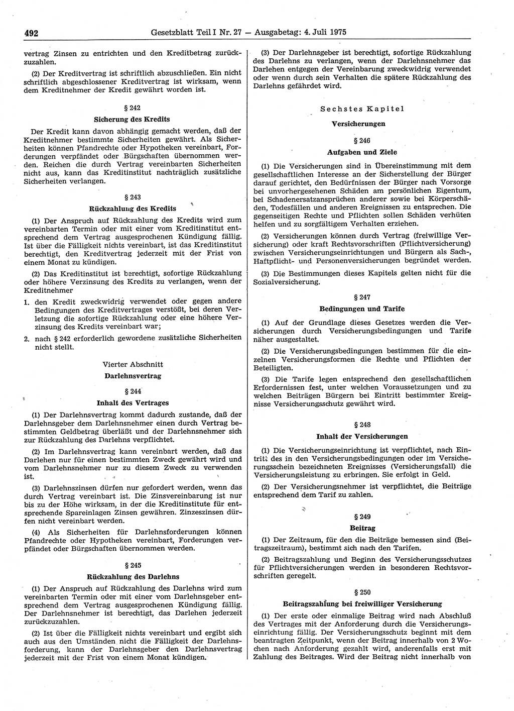 Gesetzblatt (GBl.) der Deutschen Demokratischen Republik (DDR) Teil Ⅰ 1975, Seite 492 (GBl. DDR Ⅰ 1975, S. 492)