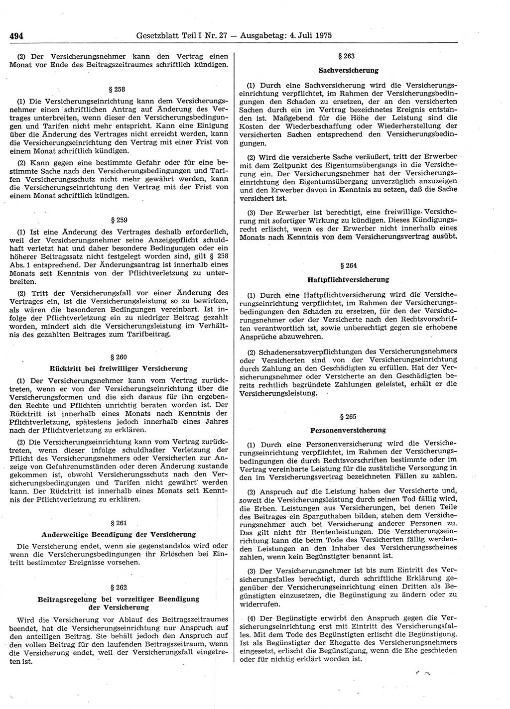 Gesetzblatt (GBl.) der Deutschen Demokratischen Republik (DDR) Teil Ⅰ 1975, Seite 494 (GBl. DDR Ⅰ 1975, S. 494)