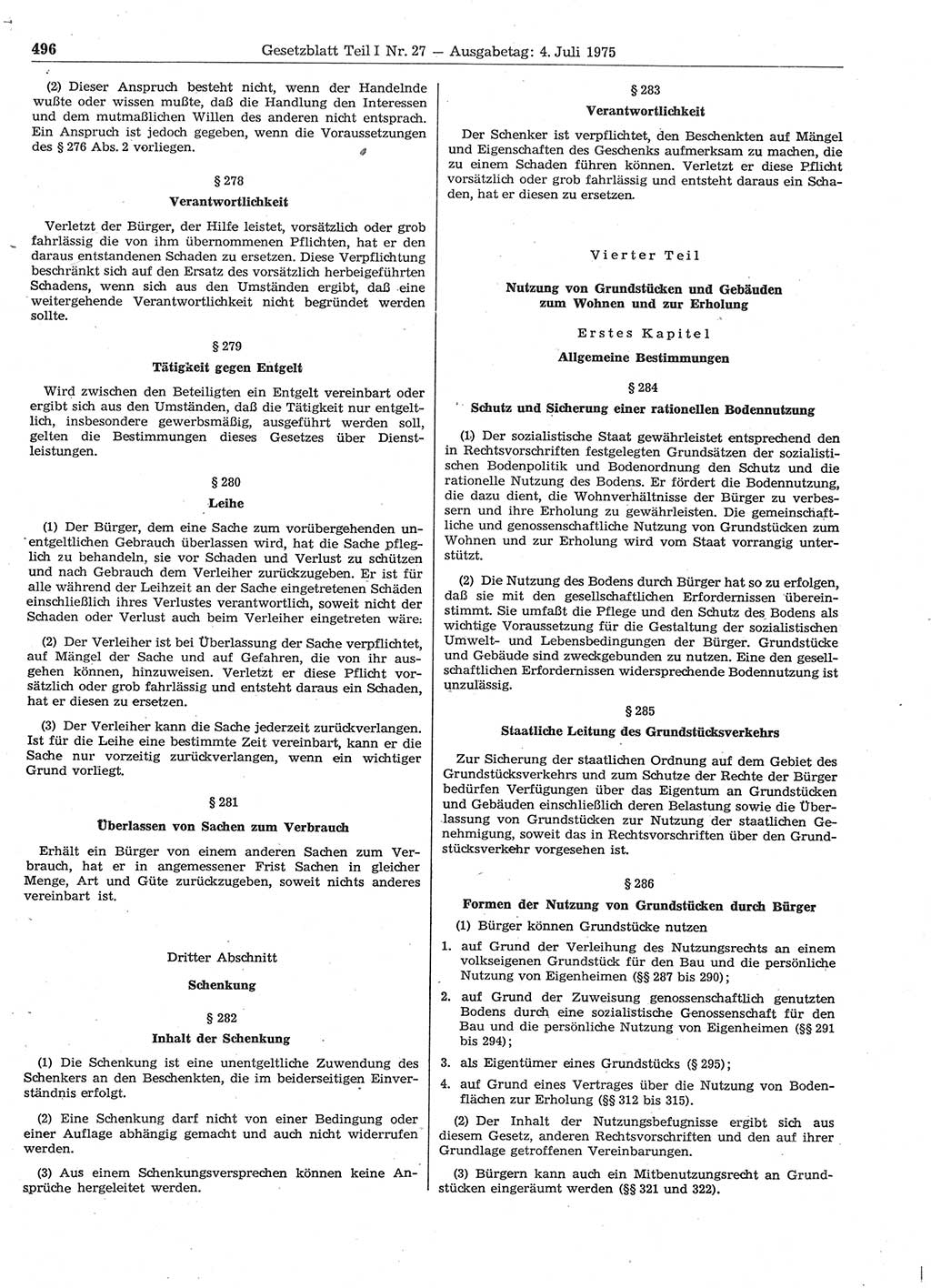 Gesetzblatt (GBl.) der Deutschen Demokratischen Republik (DDR) Teil Ⅰ 1975, Seite 496 (GBl. DDR Ⅰ 1975, S. 496)