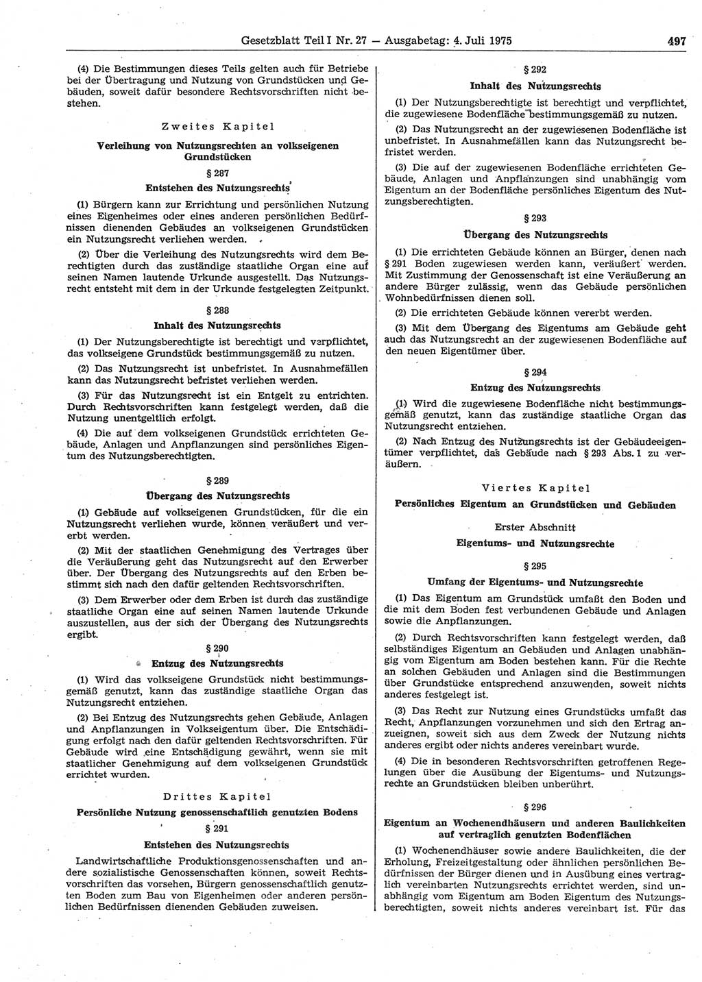 Gesetzblatt (GBl.) der Deutschen Demokratischen Republik (DDR) Teil Ⅰ 1975, Seite 497 (GBl. DDR Ⅰ 1975, S. 497)