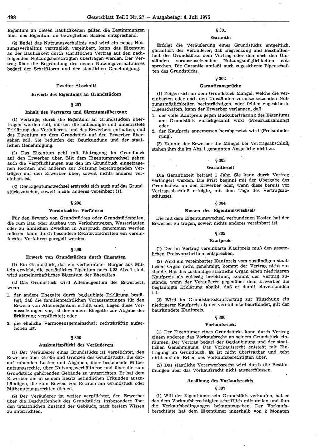 Gesetzblatt (GBl.) der Deutschen Demokratischen Republik (DDR) Teil Ⅰ 1975, Seite 498 (GBl. DDR Ⅰ 1975, S. 498)