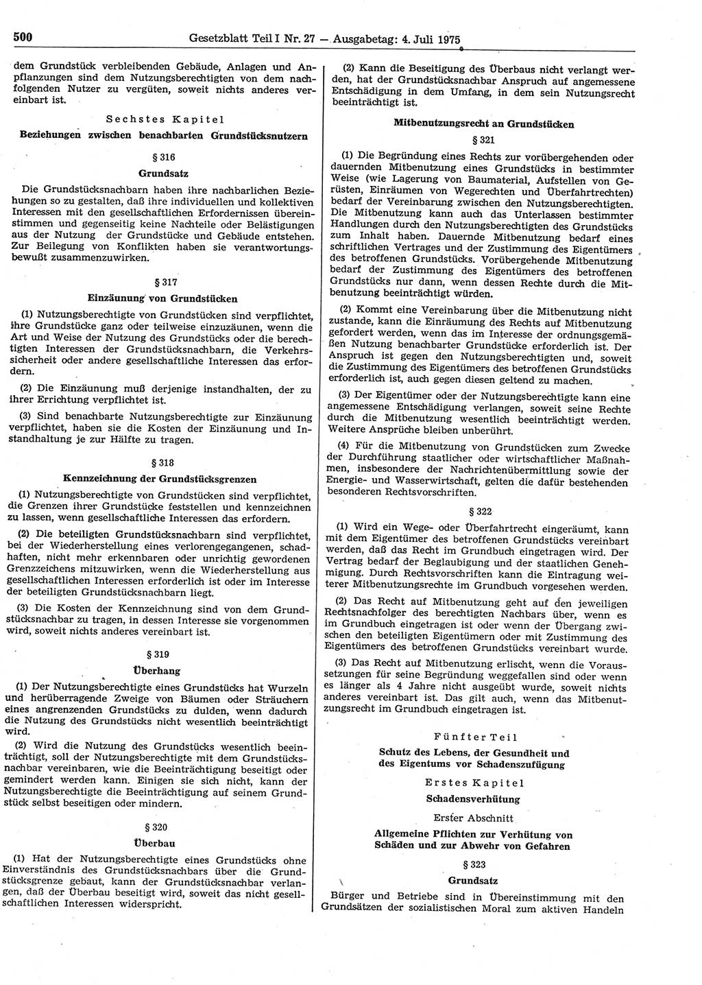 Gesetzblatt (GBl.) der Deutschen Demokratischen Republik (DDR) Teil Ⅰ 1975, Seite 500 (GBl. DDR Ⅰ 1975, S. 500)