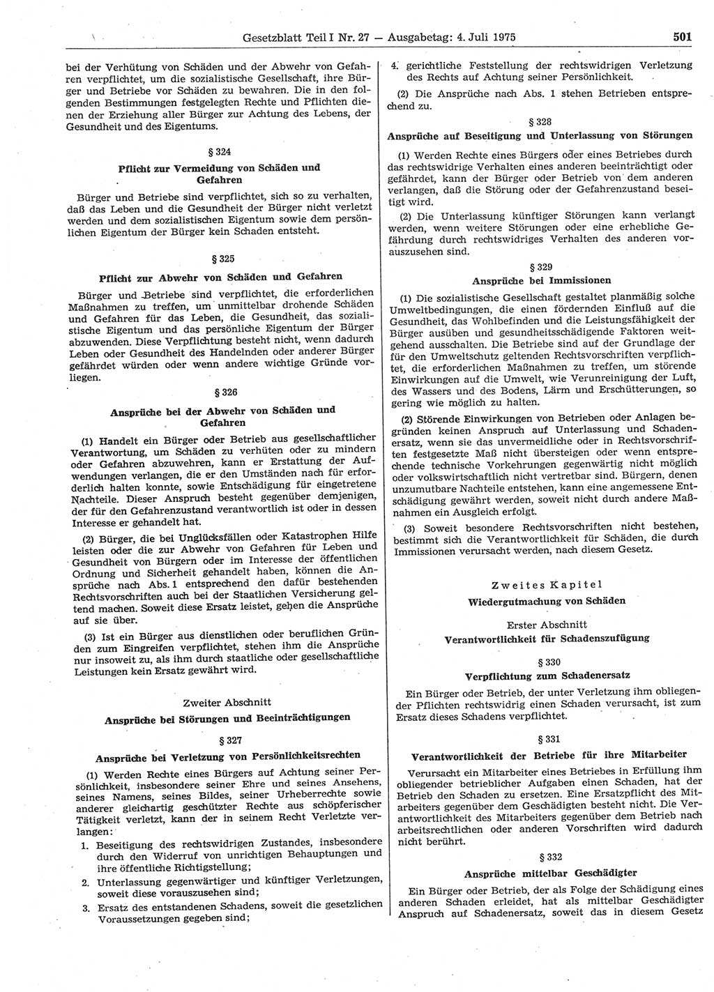 Gesetzblatt (GBl.) der Deutschen Demokratischen Republik (DDR) Teil Ⅰ 1975, Seite 501 (GBl. DDR Ⅰ 1975, S. 501)