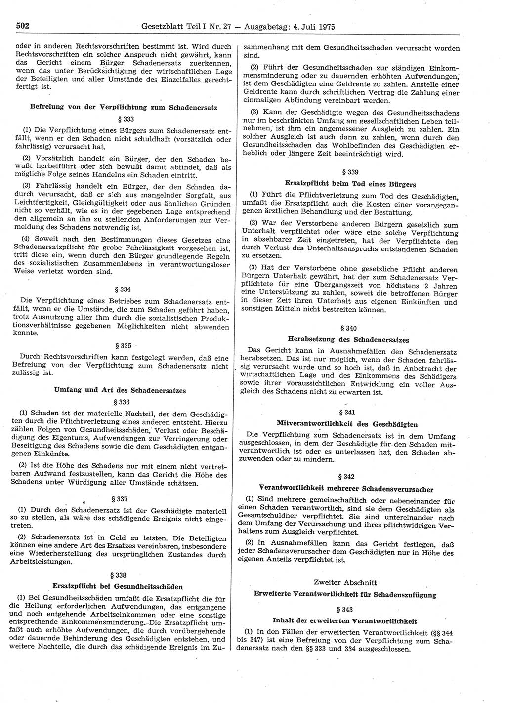 Gesetzblatt (GBl.) der Deutschen Demokratischen Republik (DDR) Teil Ⅰ 1975, Seite 502 (GBl. DDR Ⅰ 1975, S. 502)