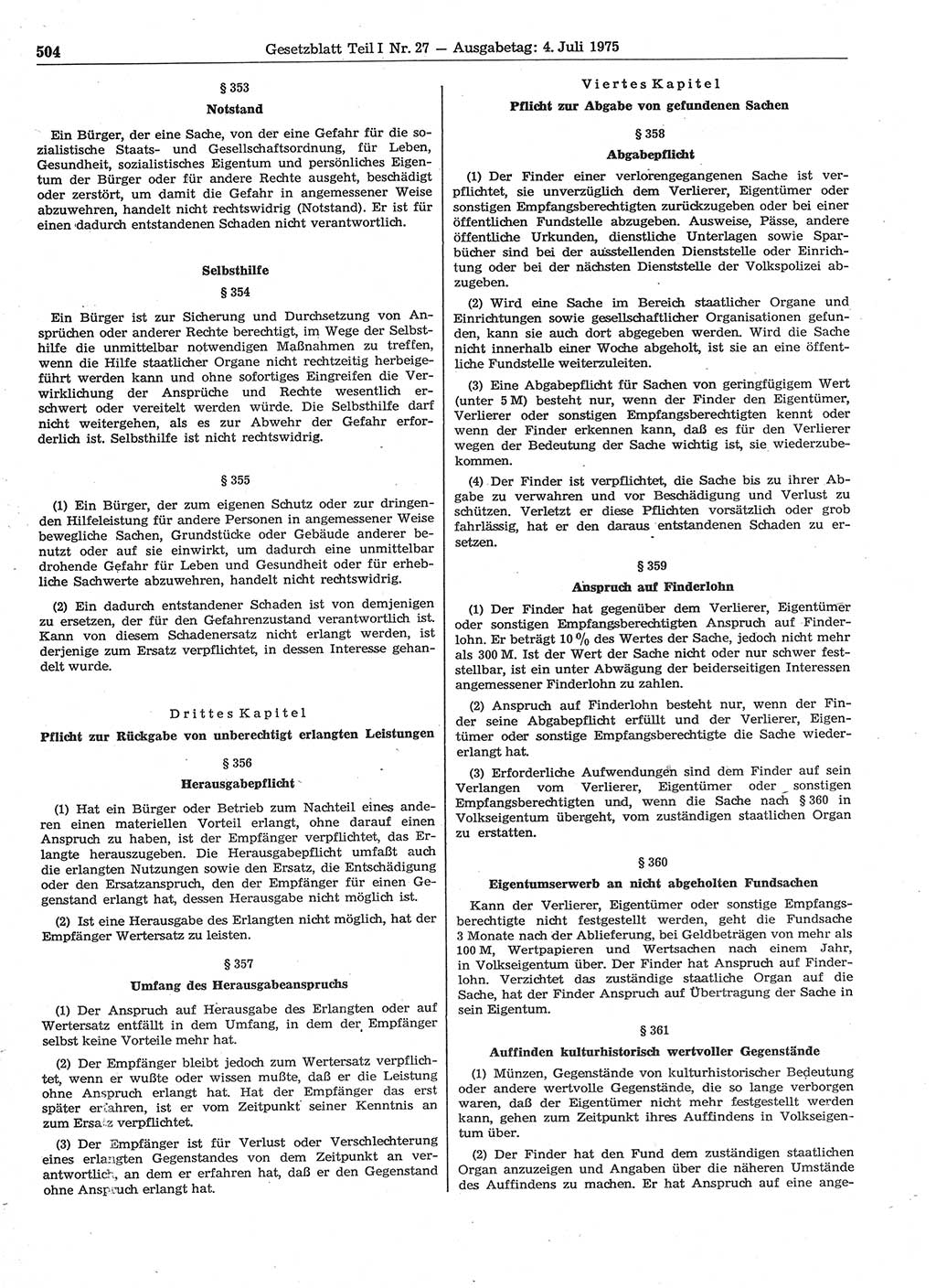 Gesetzblatt (GBl.) der Deutschen Demokratischen Republik (DDR) Teil Ⅰ 1975, Seite 504 (GBl. DDR Ⅰ 1975, S. 504)
