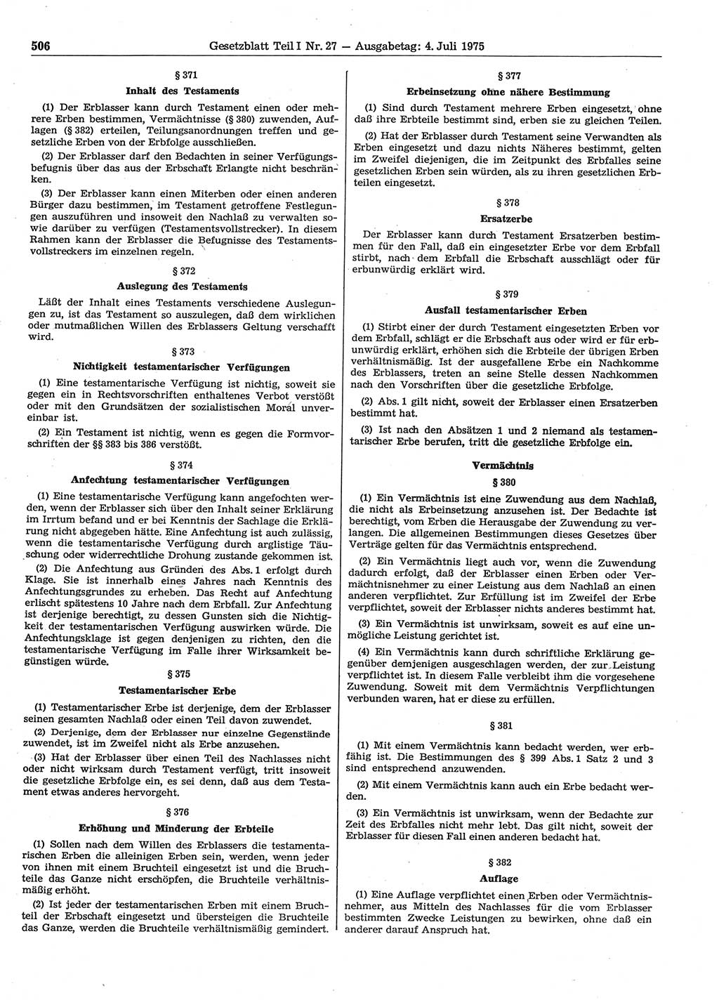 Gesetzblatt (GBl.) der Deutschen Demokratischen Republik (DDR) Teil Ⅰ 1975, Seite 506 (GBl. DDR Ⅰ 1975, S. 506)