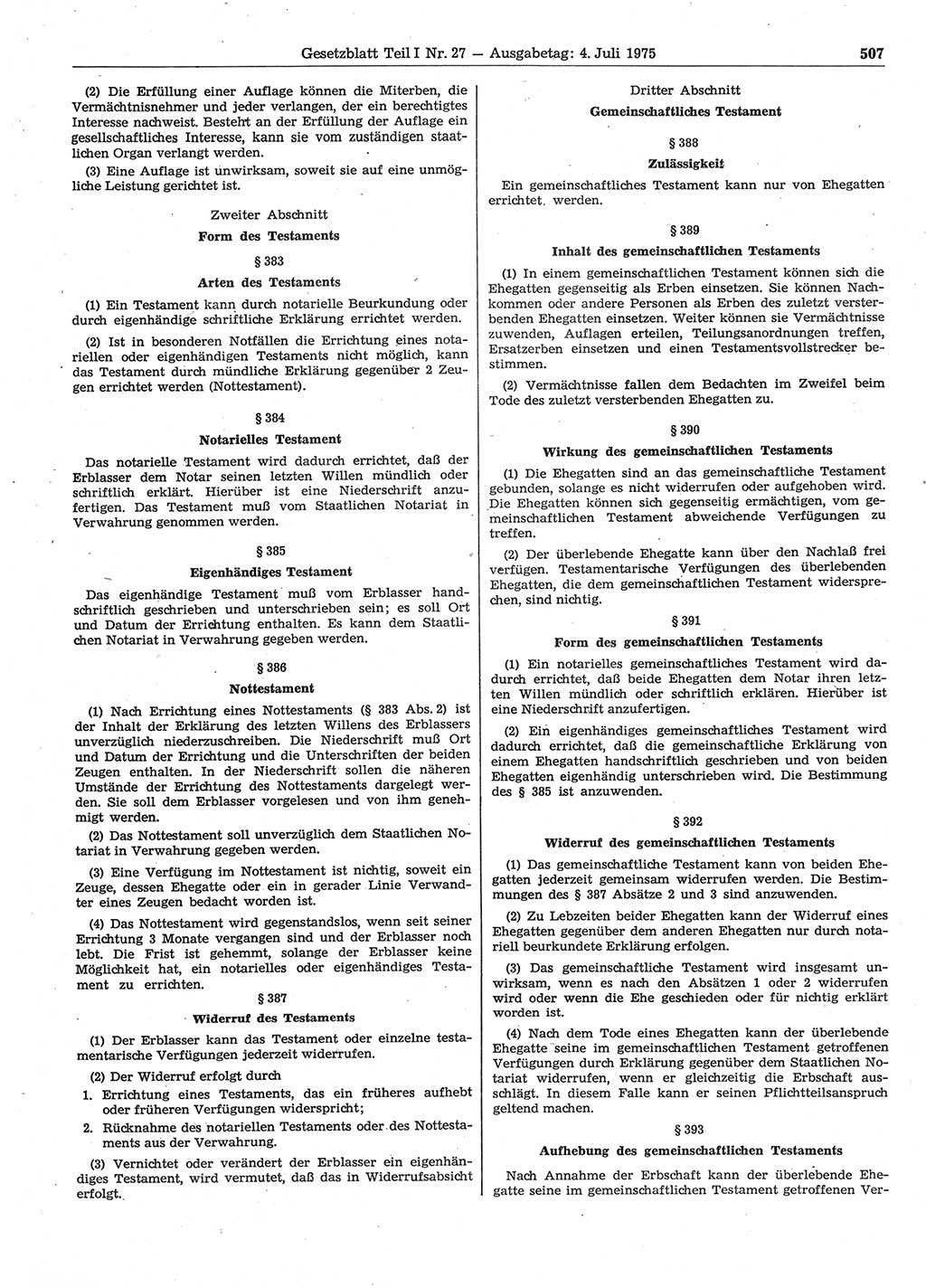 Gesetzblatt (GBl.) der Deutschen Demokratischen Republik (DDR) Teil Ⅰ 1975, Seite 507 (GBl. DDR Ⅰ 1975, S. 507)