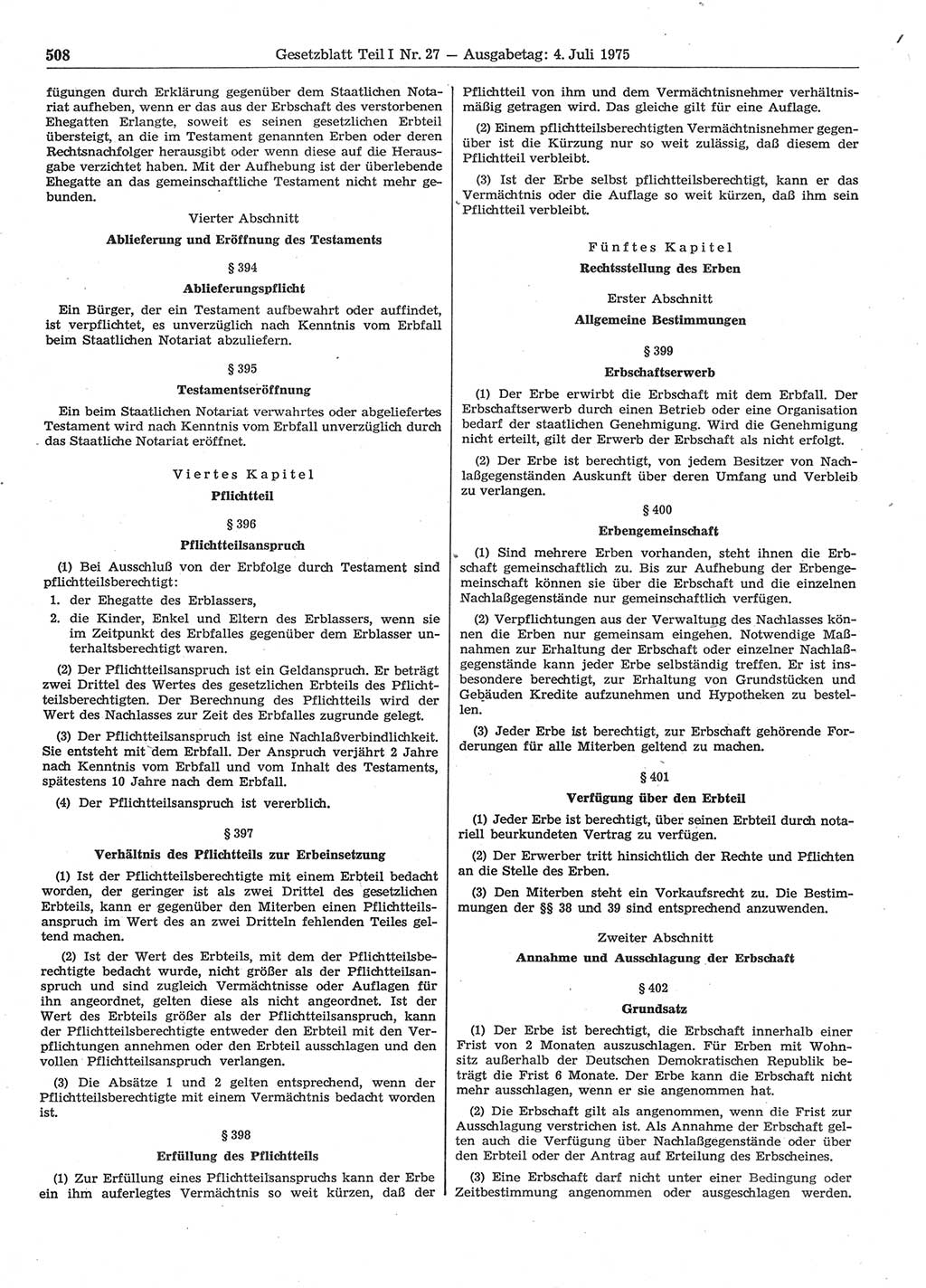 Gesetzblatt (GBl.) der Deutschen Demokratischen Republik (DDR) Teil Ⅰ 1975, Seite 508 (GBl. DDR Ⅰ 1975, S. 508)